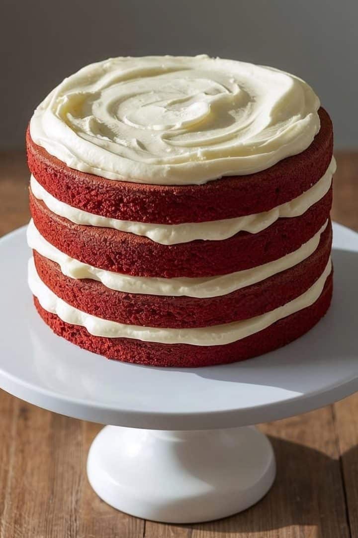 Four-layer red velvet cake displayed elegantly.